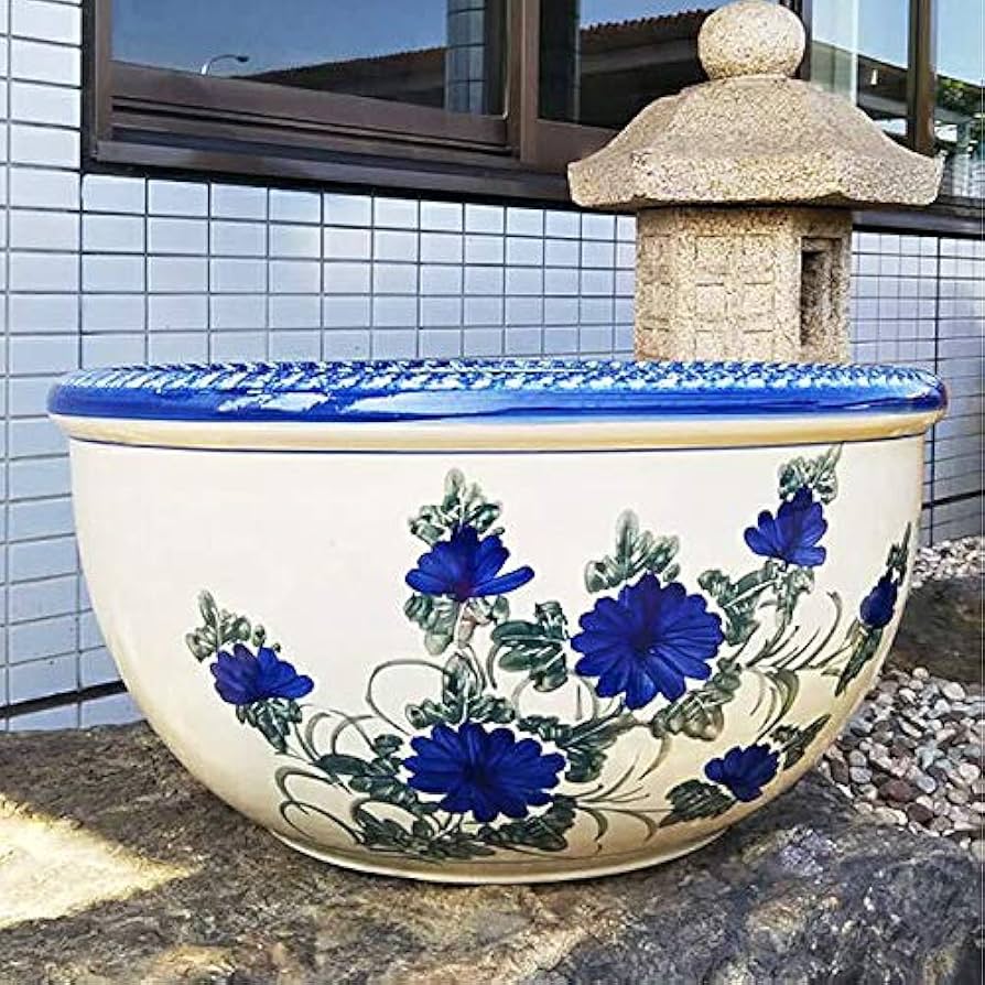 新品　∅50　陶器　睡蓮鉢　大型　メダカ鉢　難有　手書き絵　花柄　手造りLKB2 新品 ∅50 陶器睡蓮鉢大型 メダカ鉢 手書き絵 花柄 手造り 高級 LKB2